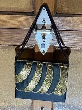 Black Evening Clutch with Gold Sequin Wave Design